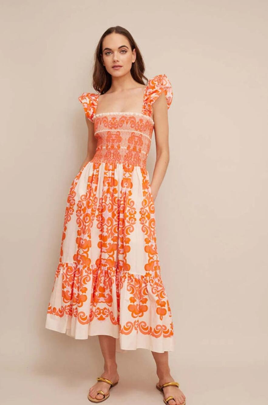 Cara Cara Ruby Square Neck Midi Dress Venice Scroll Mandarin Red Size XS